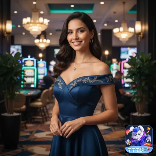 Usuária sorridente no cassino 777bf com máquinas ao fundo.