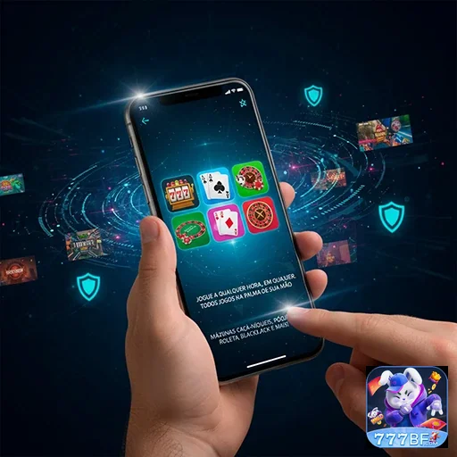 Usuário navegando no aplicativo 777bf com jogos de slot destacados.