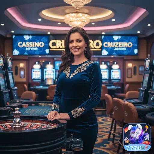 Croupier no cassino 777bf ao lado de mesas de jogos.