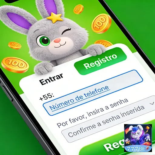 Tela de registro no 777bf com personagem de coelho feliz.