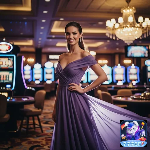 Jogadora elegante em cassino do 777bf com máquinas slot ao fundo