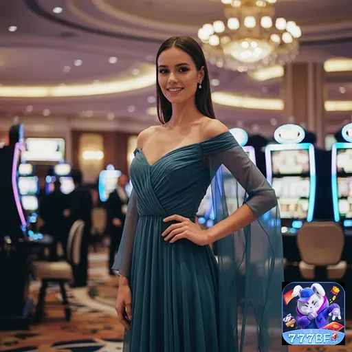 Mulher elegante em cassino da 777bf com máquinas de jogos ao fundo.