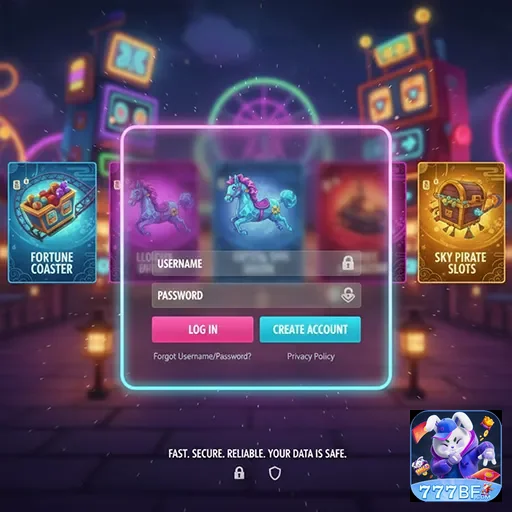 Tela de login da 777bf com slots VIP Fortune Coaster e Sky Pirate.