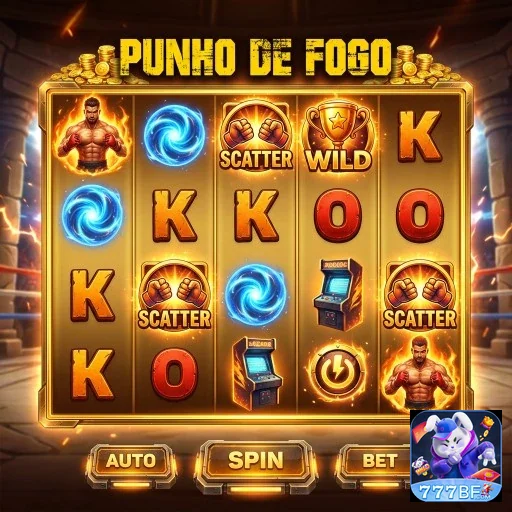 Slot 'Punho de Fogo' do 777bf com recursos Wild e Scatter.