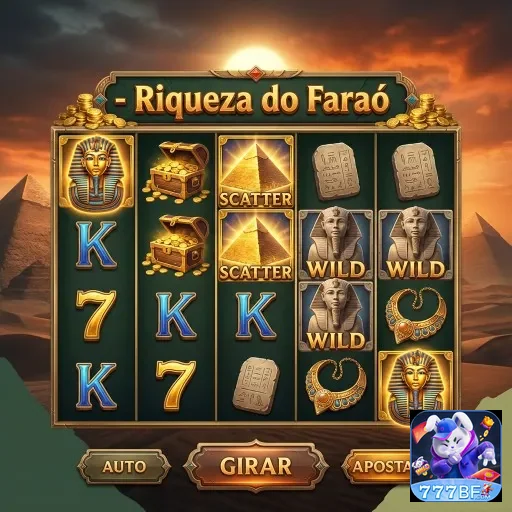 Tela do jogo 'Riqueza do Faraó' no 777bf com símbolos de bônus.
