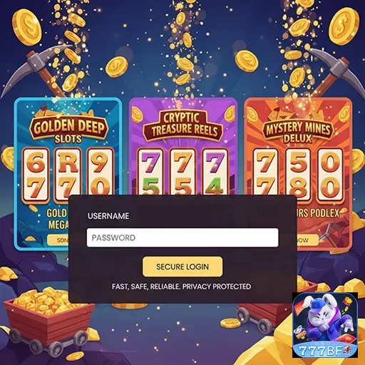 Interface do 777bf com slots e formulário de login seguro.