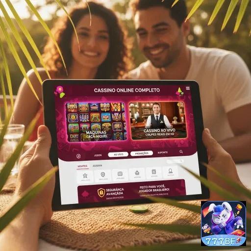 Mulher e homem jogando no cassino ao vivo da 777BF em tablet.