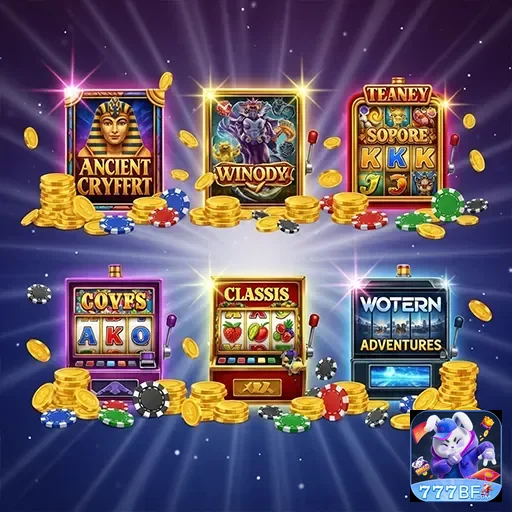 Imagem de slots populares do 777bf com fichas e prêmios.
