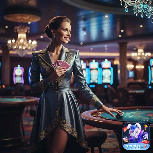 A modelo apresenta o aplicativo 777bf em ambiente de cassino.